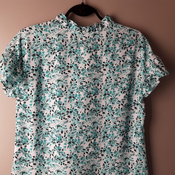 Adrienne Vittadini Short Sleeve Floral Blouse | White Turquoise Black | New! S/M - Picture 7 of 14